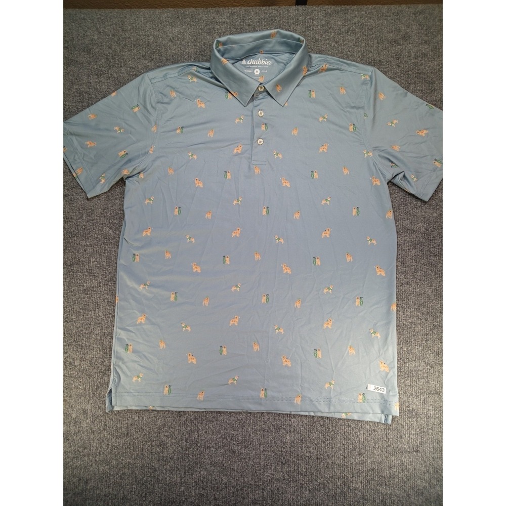 Chubbies Mens Medium Polo Shirt Dog Print Blue Stretch Performance Golf Casual